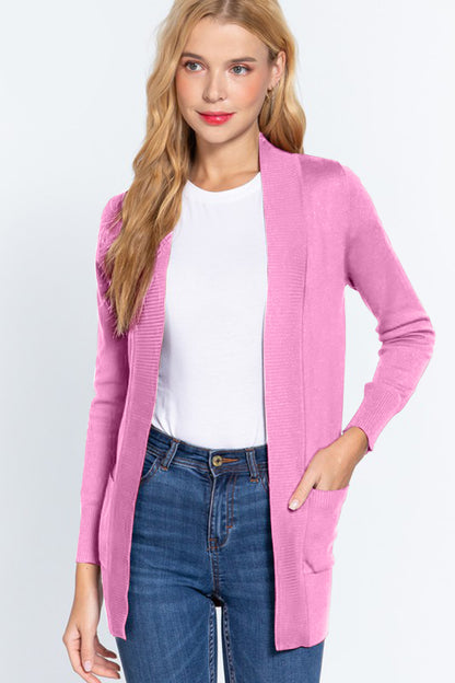 Pink ACTIVE BASIC Ribbed Trim Open Front Cardigan