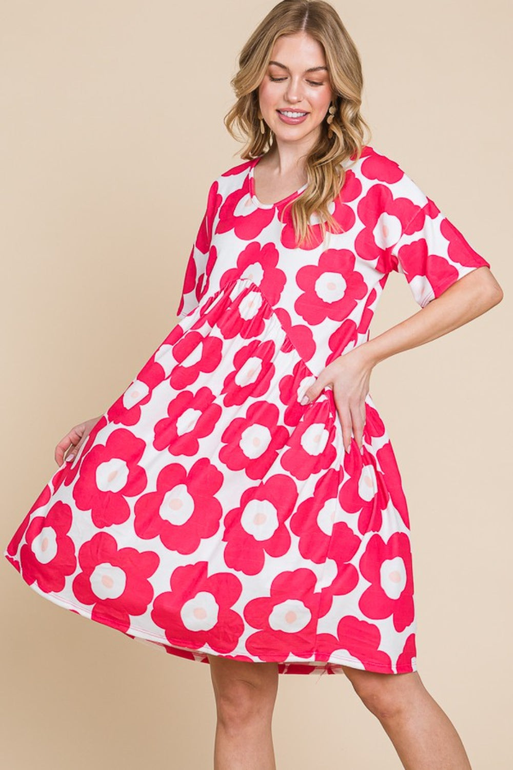 Fuchsia Flower Print Ruched Dress