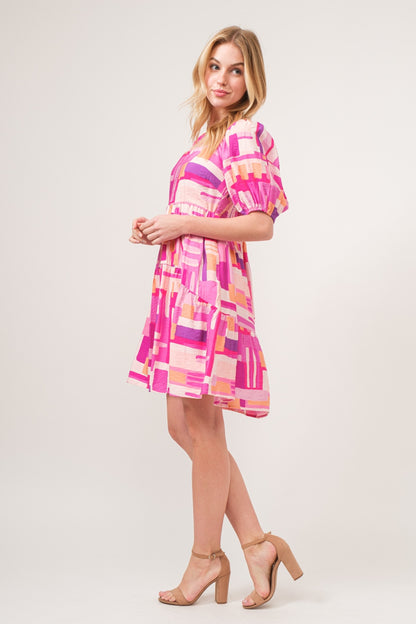 Pink Color Block Puff Sleeve Dress