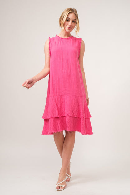 Fuchsia Washed Fringe Detail Tiered Dress
