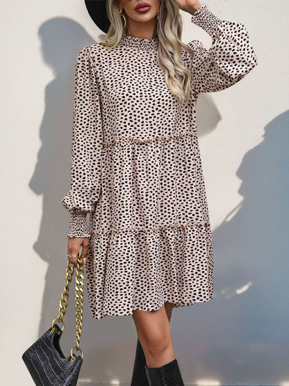 Frill Printed Mock Neck Long Sleeve Mini Dress