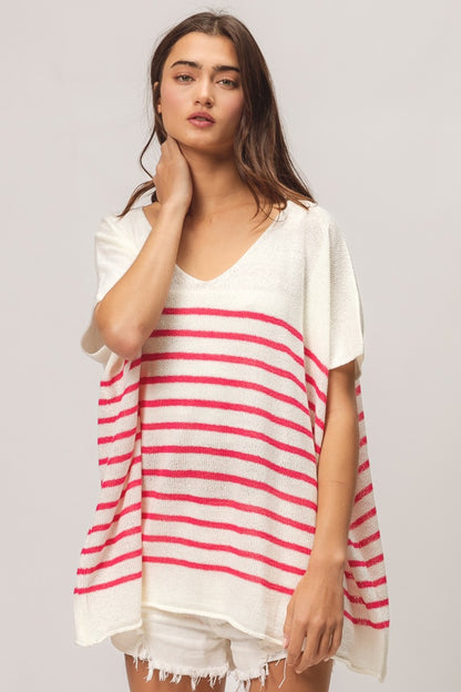 Fuchsia V Neck Striped Short Sleeve Top