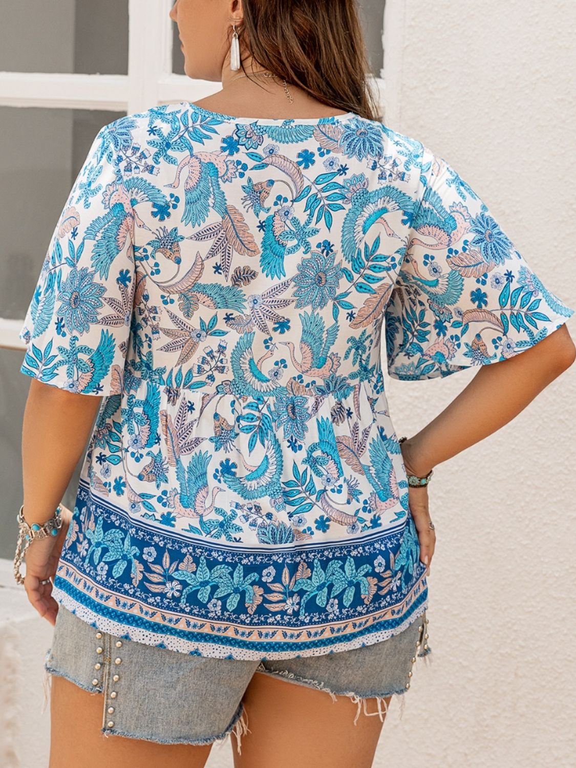 Plus Size Printed V-Neck Half Sleeve Blouse