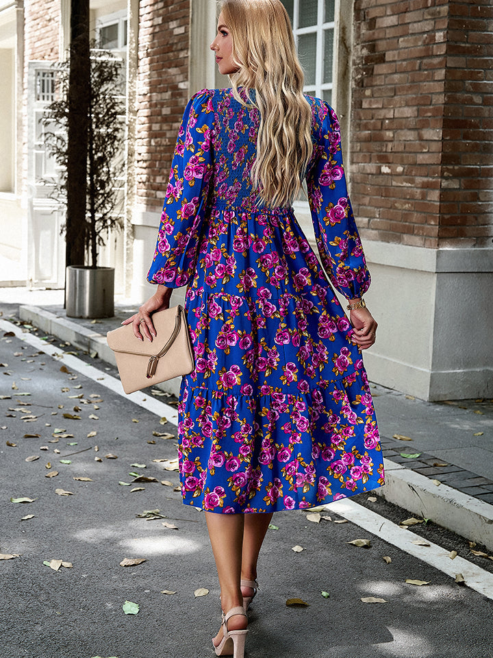 Devine Floral Print Smocked Midi Dress