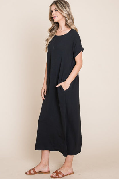 Black Round Neck Short Sleeve Midi Dress with Pockets