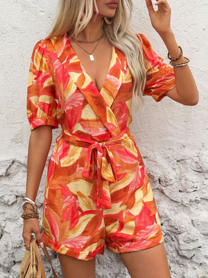 Printed Surplice Half Sleeve Romper