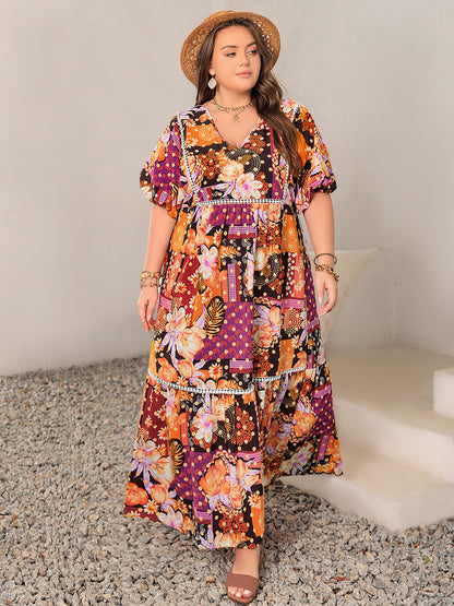 Plus Size Printed V-Neck Half Sleeve Maxi Dress