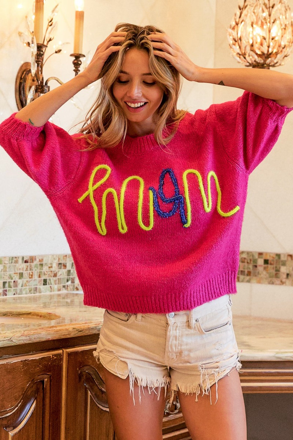 Fuchsia MOM Contrast Round Neck Sweater