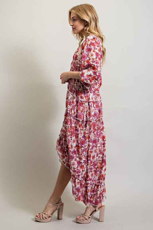 Multi-Pink BOHEMIAN FLORAL HIGH AND LOW MAXI DRESS