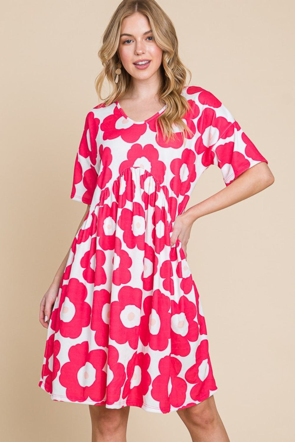 Fuchsia Flower Print Ruched Dress