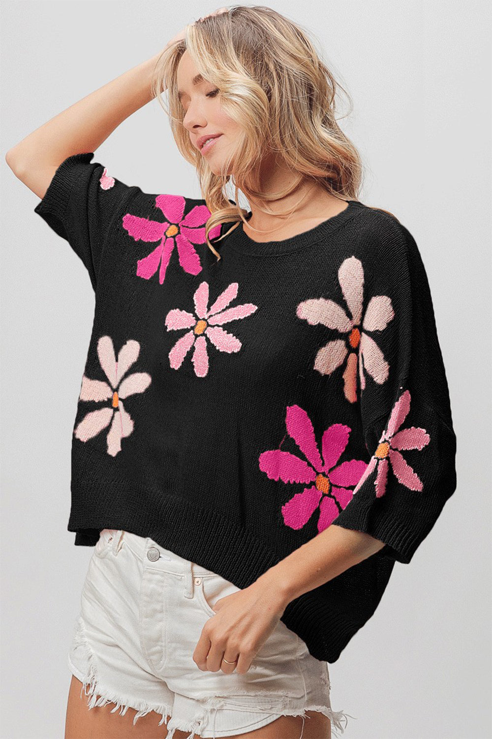 Black & Fuchsia & Pink Floral Pattern Cropped Sweater