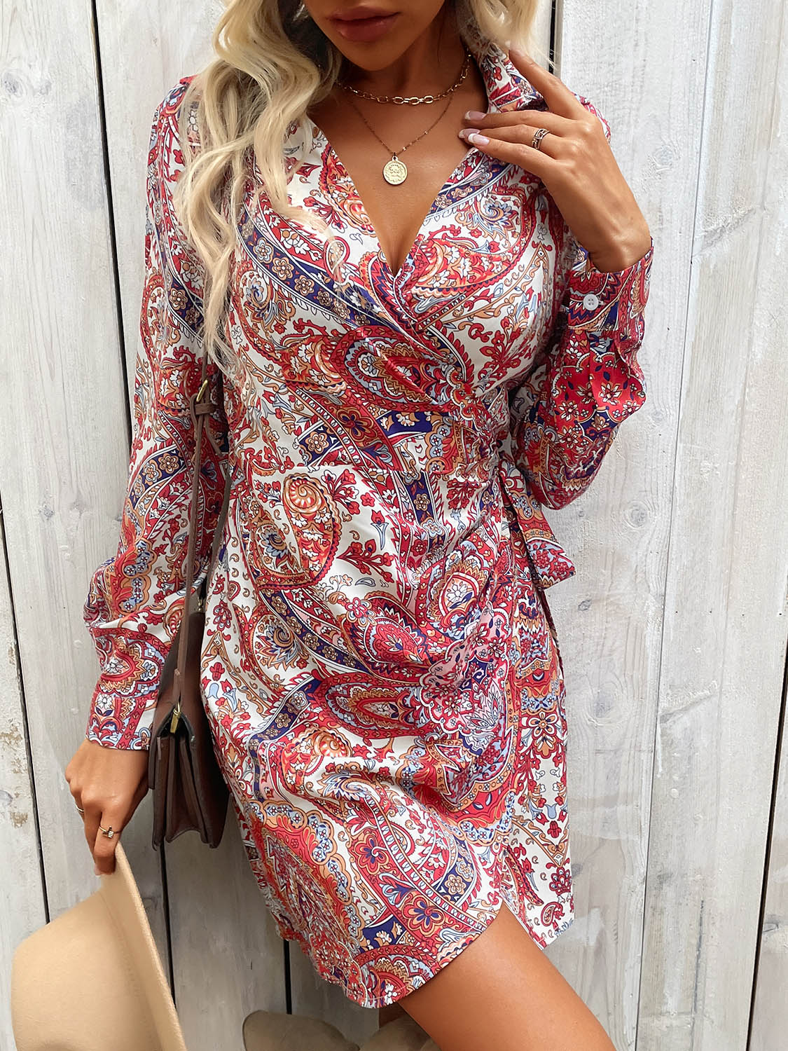 Tied Printed Long Sleeve Mini Dress