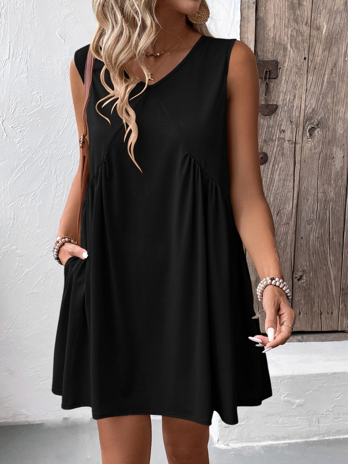 Ruched V-Neck Sleeveless Mini Dress