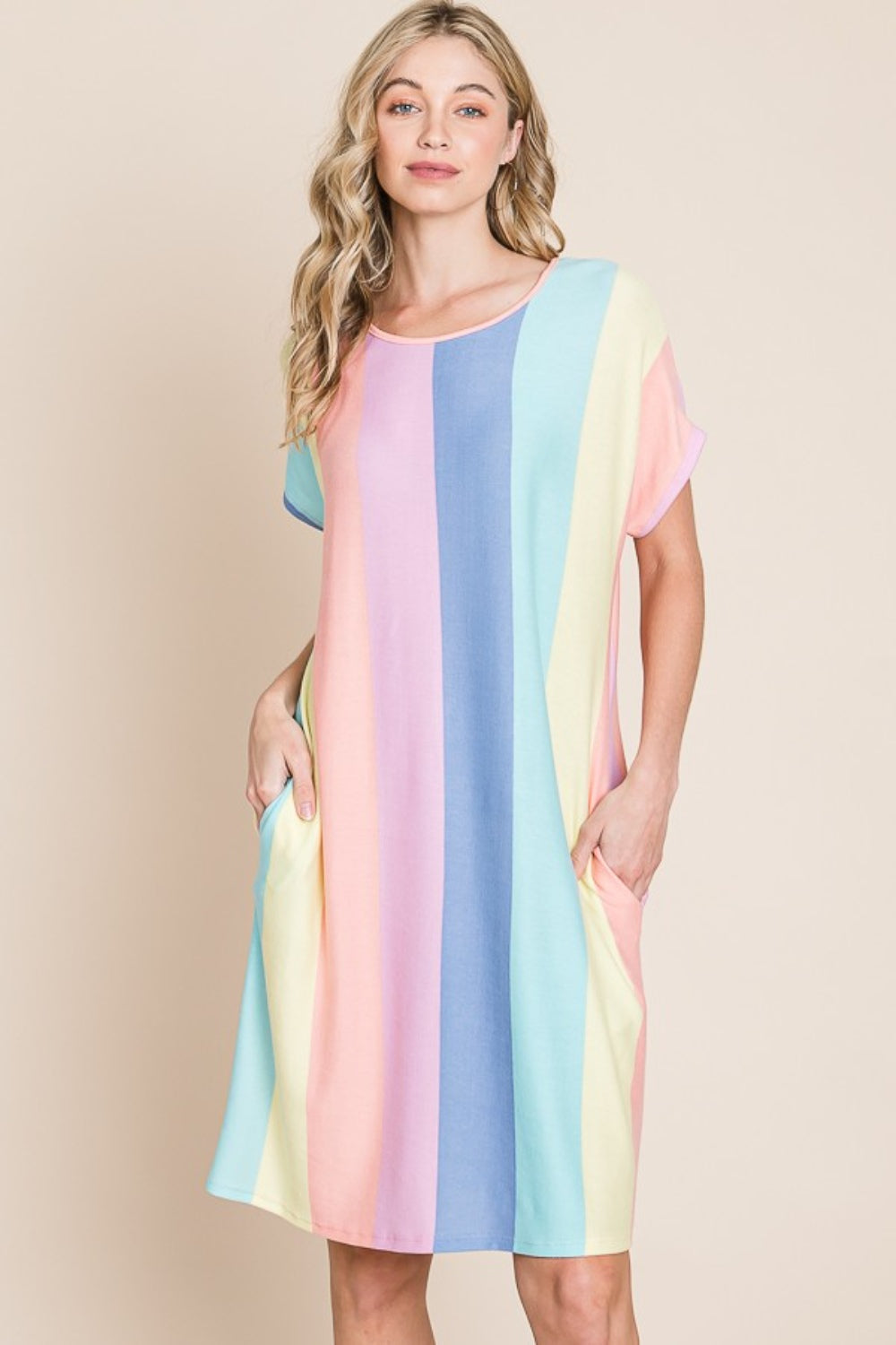 Multi-Blue & Pink Striped Short Sleeve Dress with Pockets