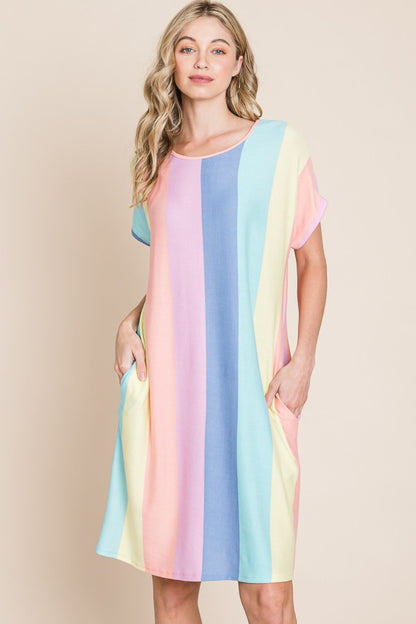 Multi-Blue & Pink Striped Short Sleeve Dress with Pockets