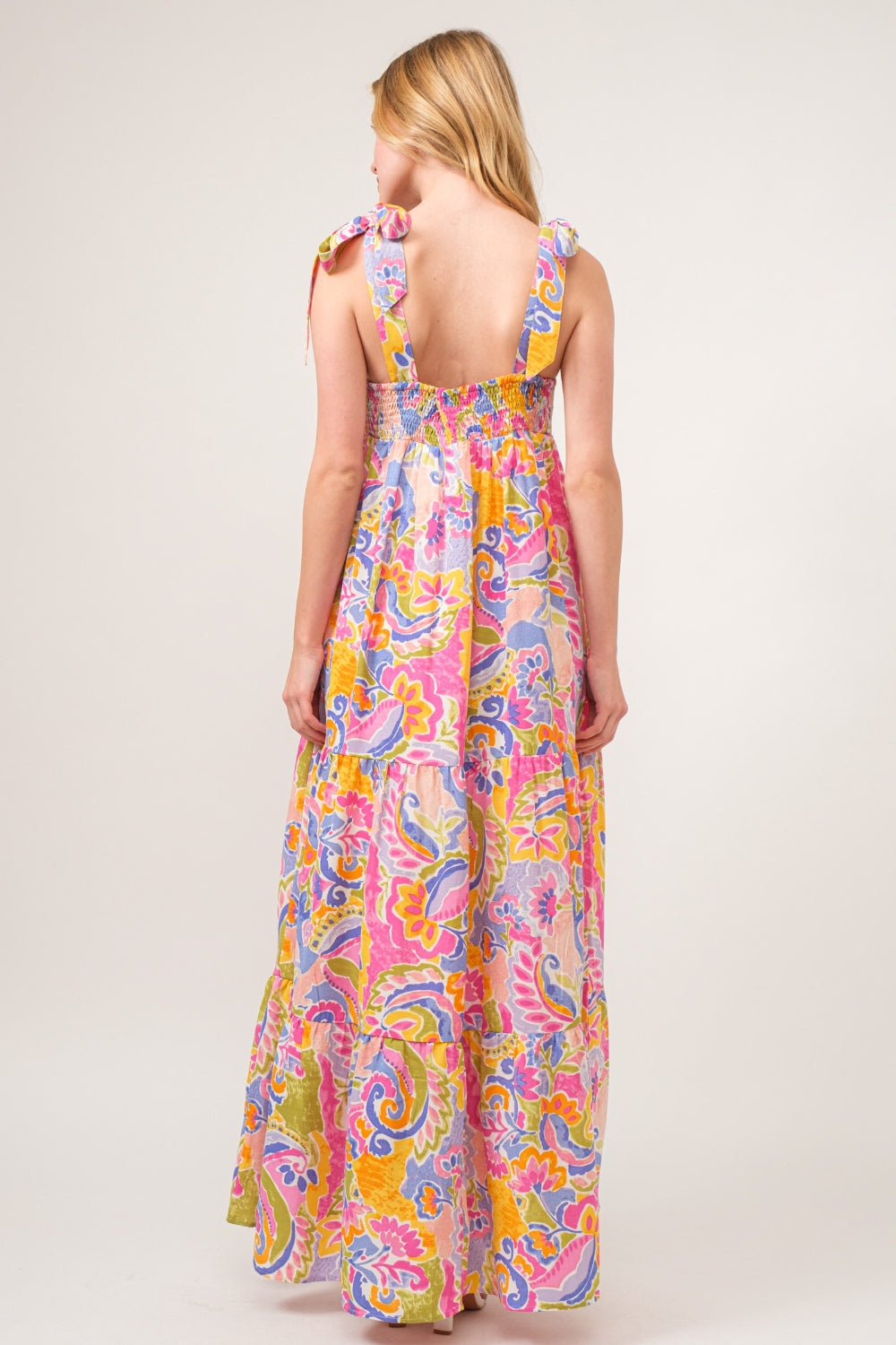 Light Pink Full Size Printed Tie Shoulder Tiered Maxi Dress