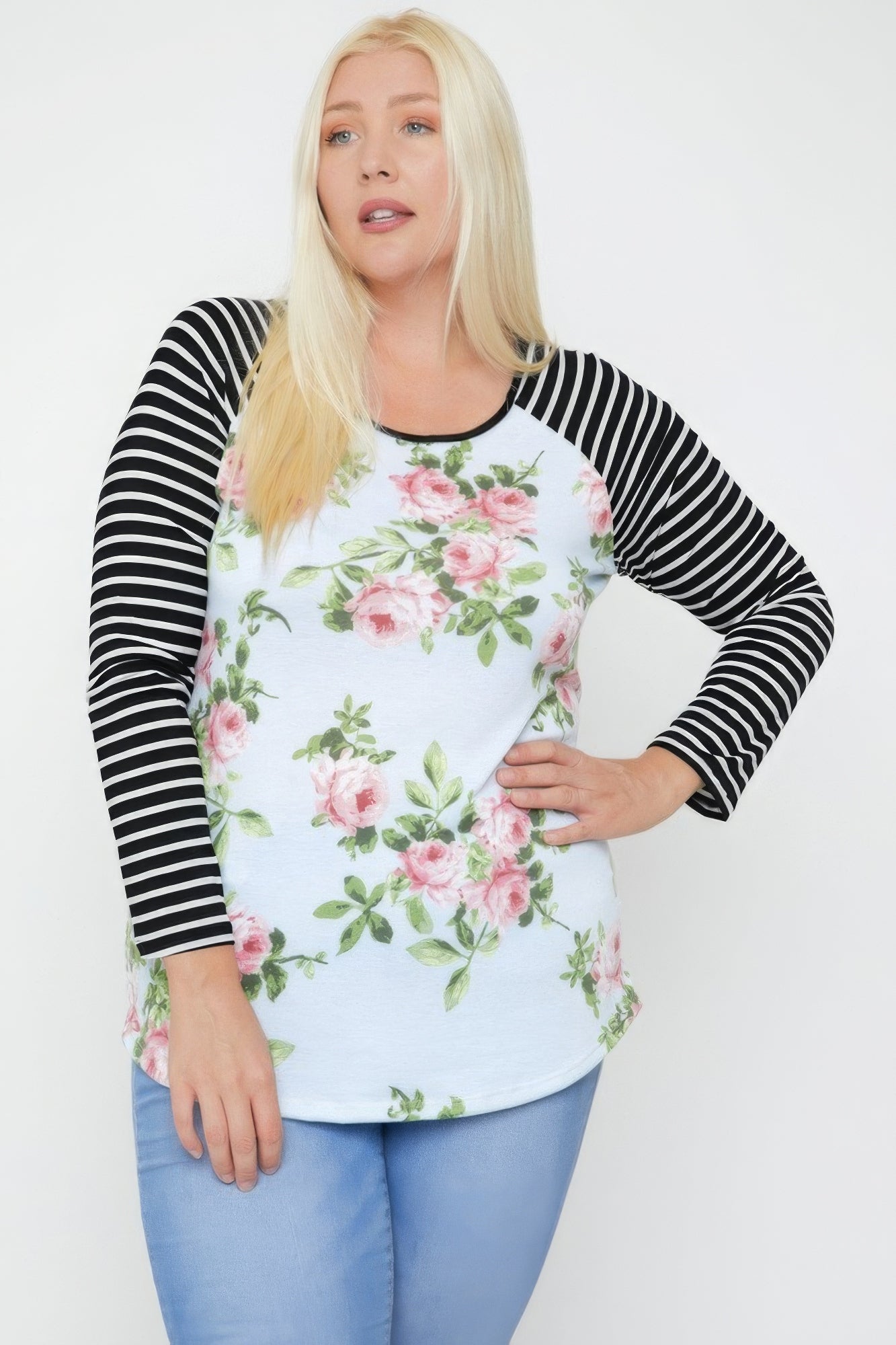 Floral Top Featuring Raglan Style Striped Sleeves