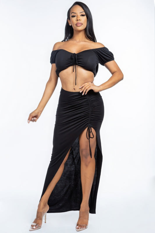 Off The Shoulder Short Sleeve Cropped Top And Side Ruched Asymmetrical Skirt Two Piece Set