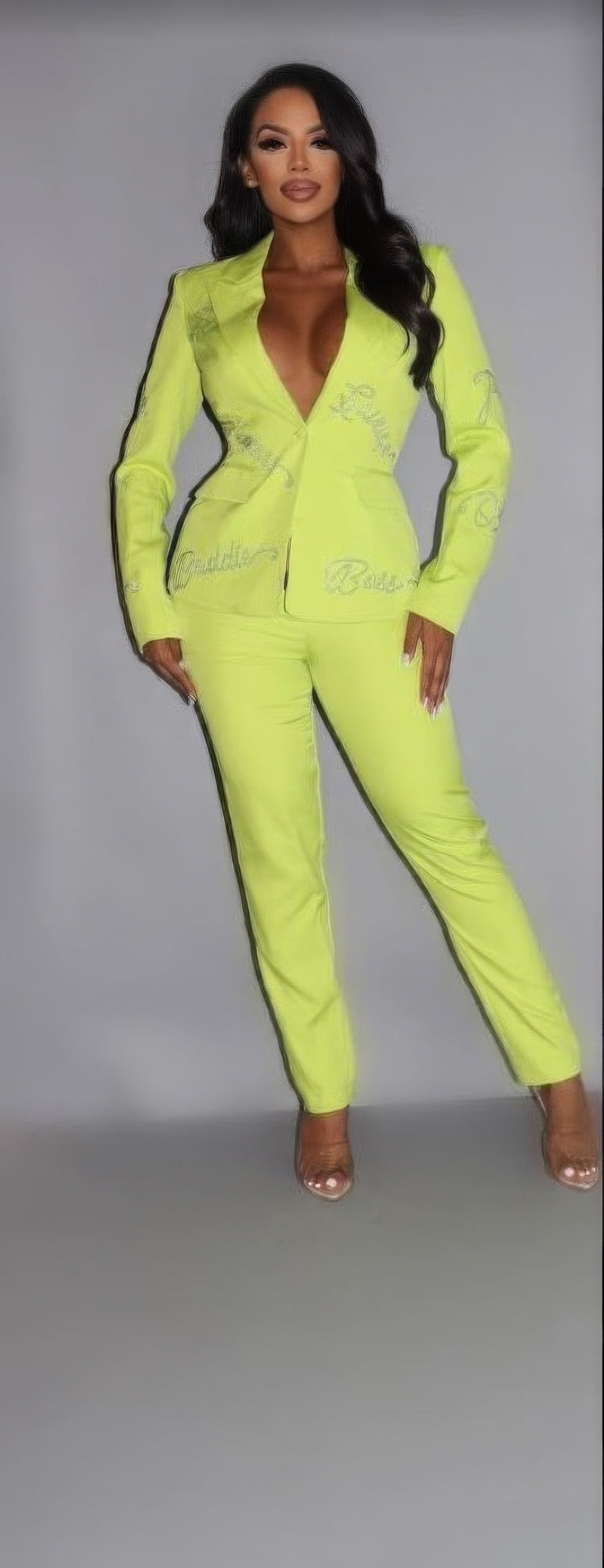 Lime Green 2 Piece Powersuit Blazer & Pants Set With Rhinestone Letterings