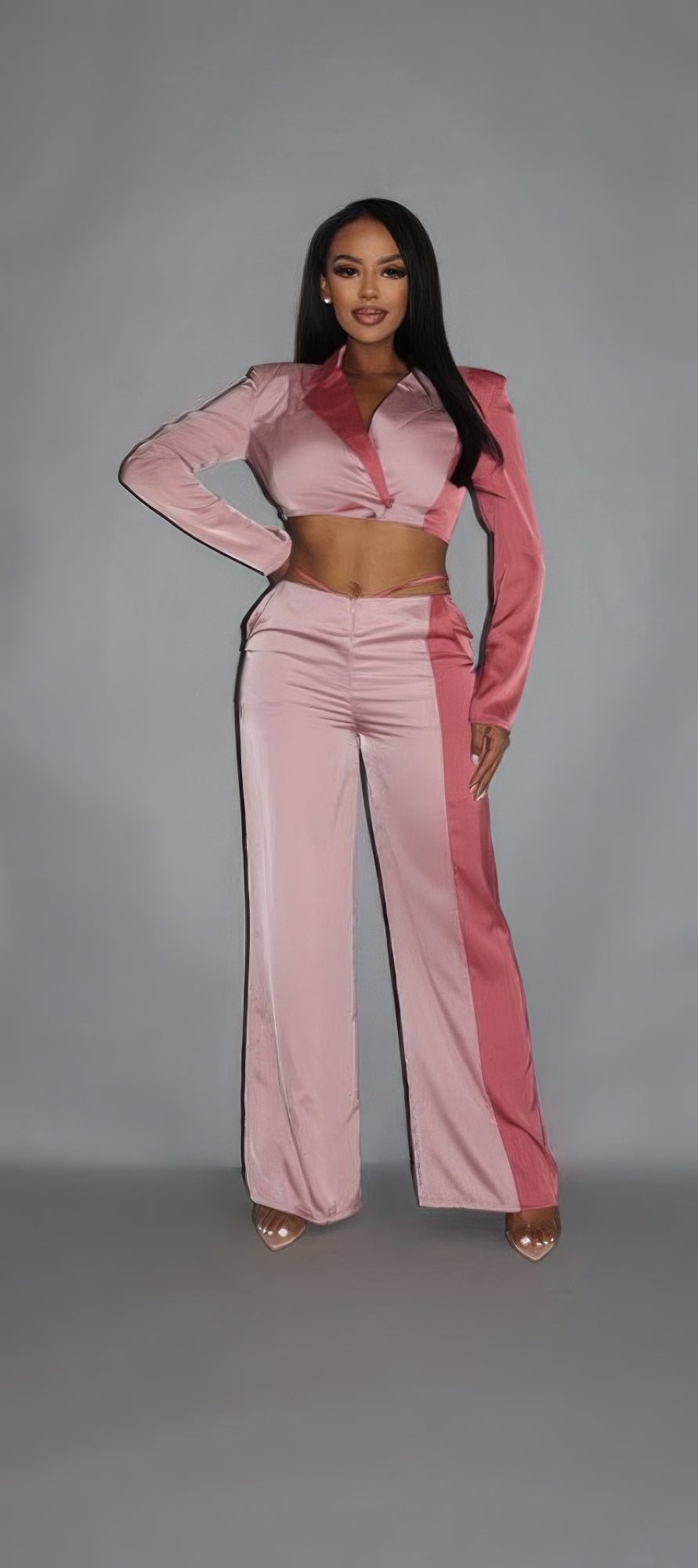 Pink Crop Blazer With Matching Low Rise Wide Leg Pant Set With Pockets