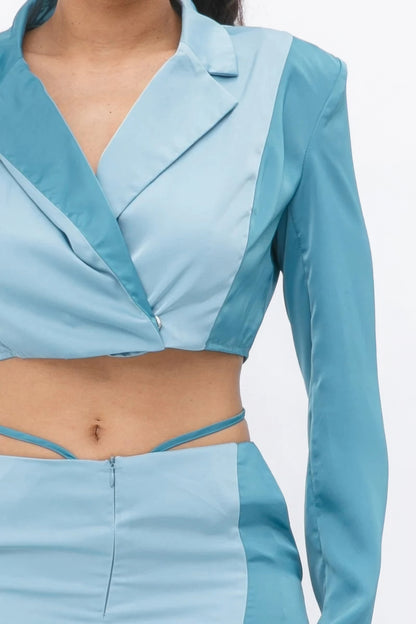 Blue Crop Blazer With Matching Low Rise Wide Leg Pant Set With Pockets