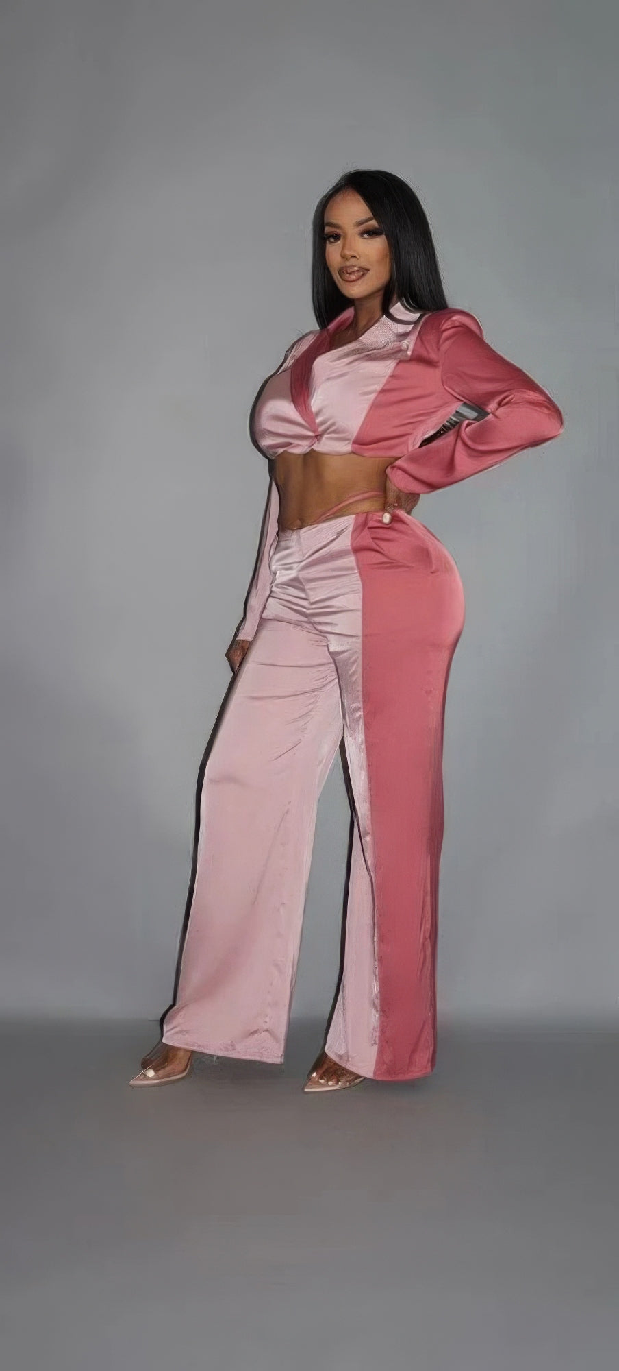 Pink Crop Blazer With Matching Low Rise Wide Leg Pant Set With Pockets