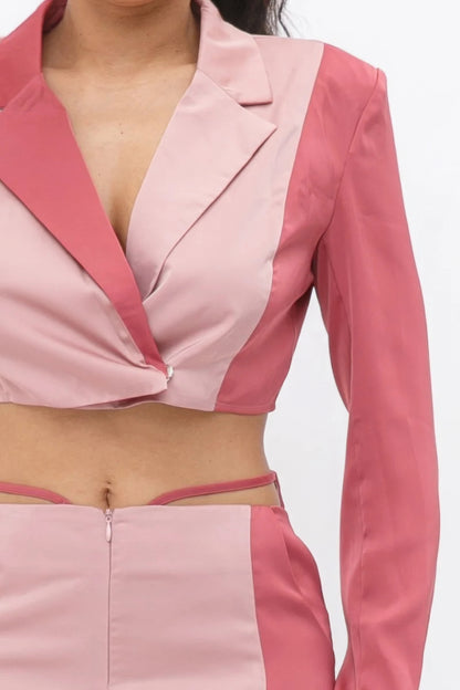 Pink Crop Blazer With Matching Low Rise Wide Leg Pant Set With Pockets