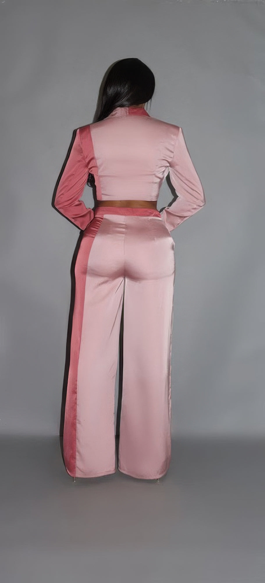 Pink Crop Blazer With Matching Low Rise Wide Leg Pant Set With Pockets