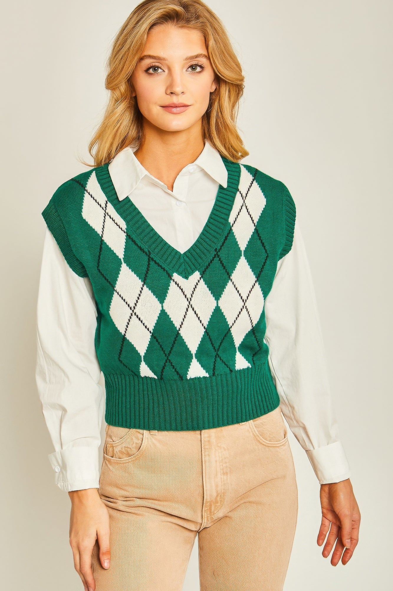 White & Green Argyle Print Sweater Vest