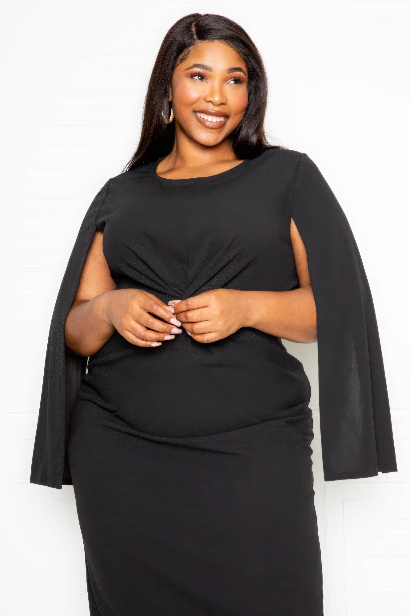 Black Cape Sleeve Dress With Knot Detail