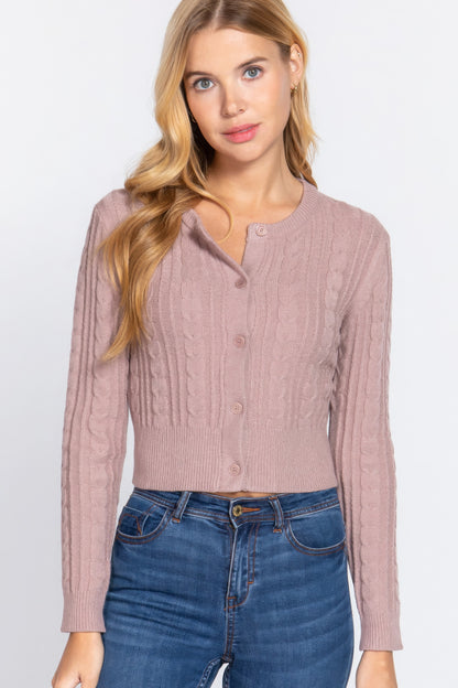 Taupe Crew Neck Cable Sweater Cardigan