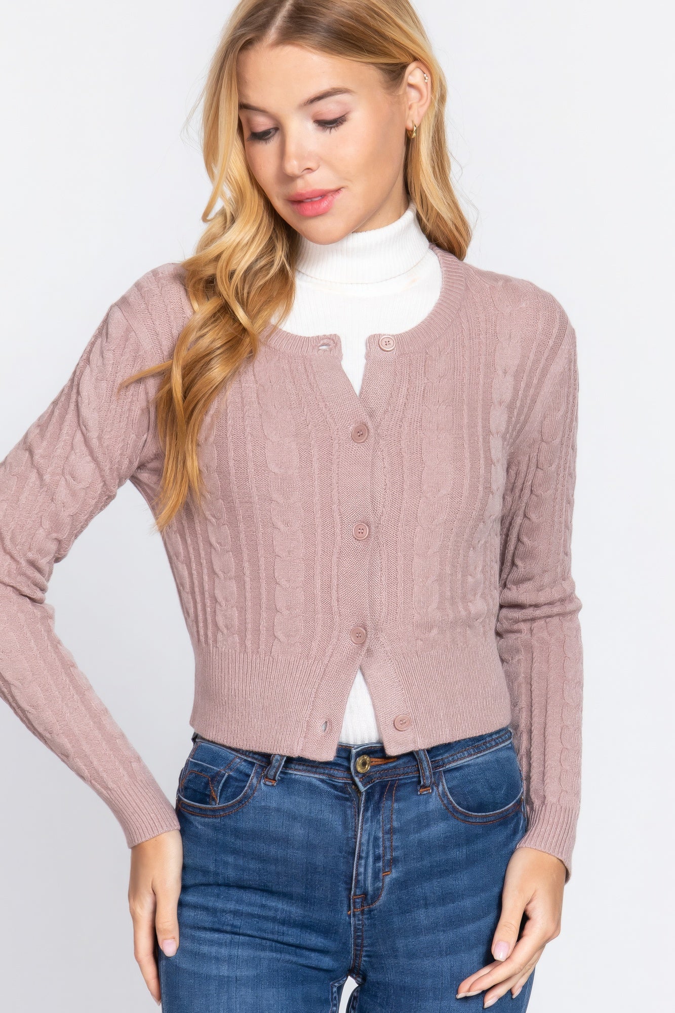 Taupe Crew Neck Cable Sweater Cardigan