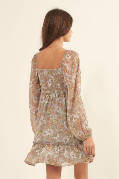 Tan Floral Print, Woven Mini Dress