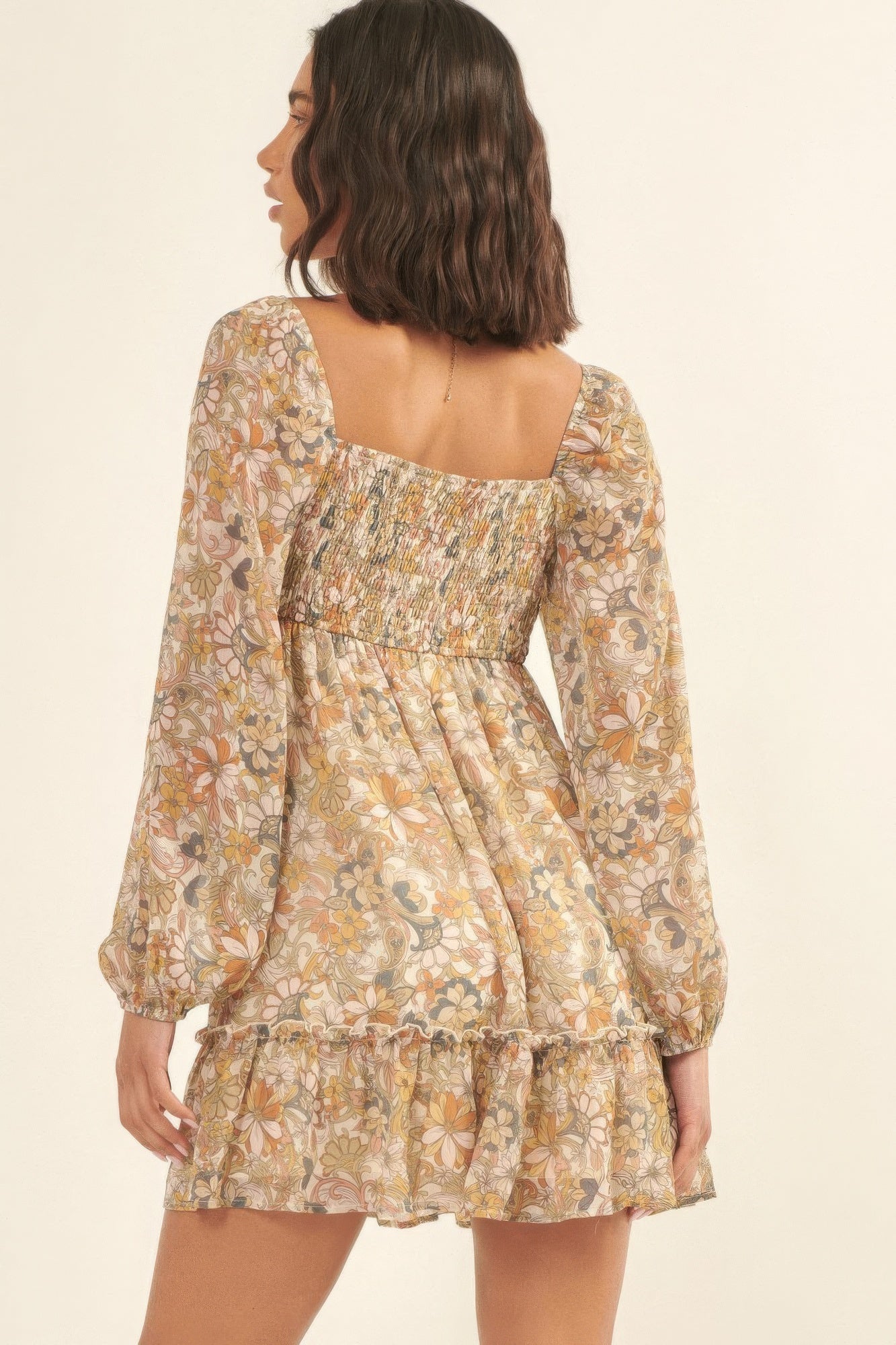 Tan Floral Print, Woven Mini Dress