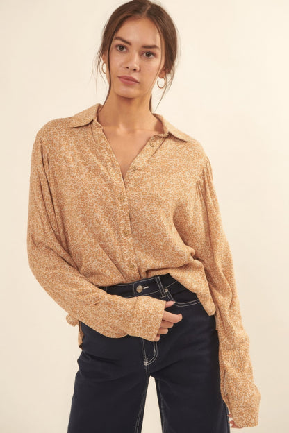 Tan Collared Neckline Floral-print Shirt