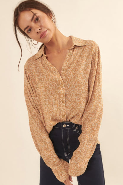 Tan Collared Neckline Floral-print Shirt