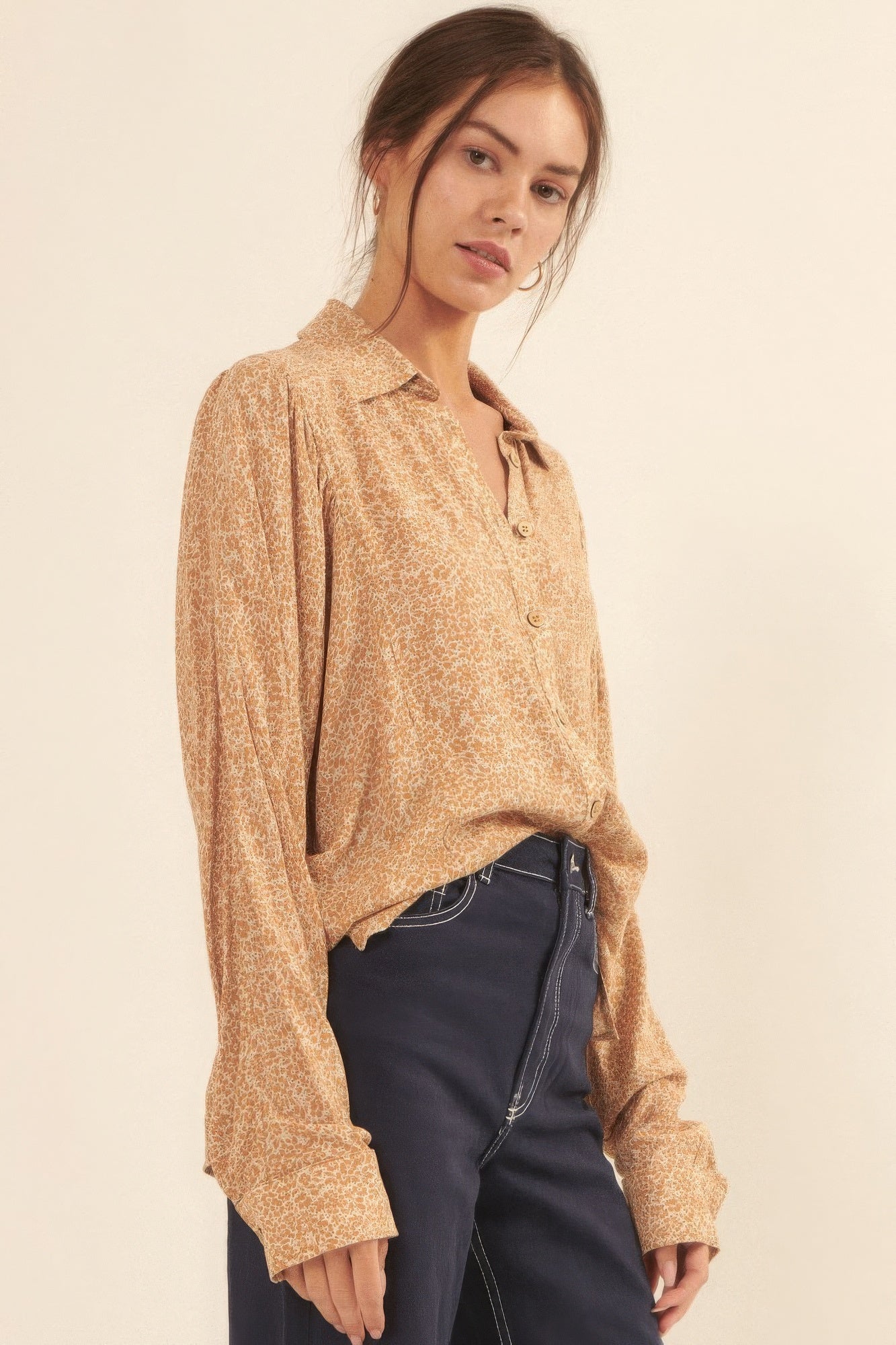 Tan Collared Neckline Floral-print Shirt