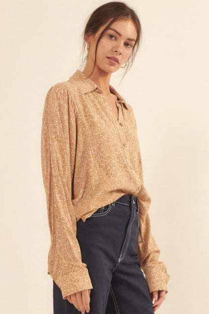 Tan Collared Neckline Floral-print Shirt