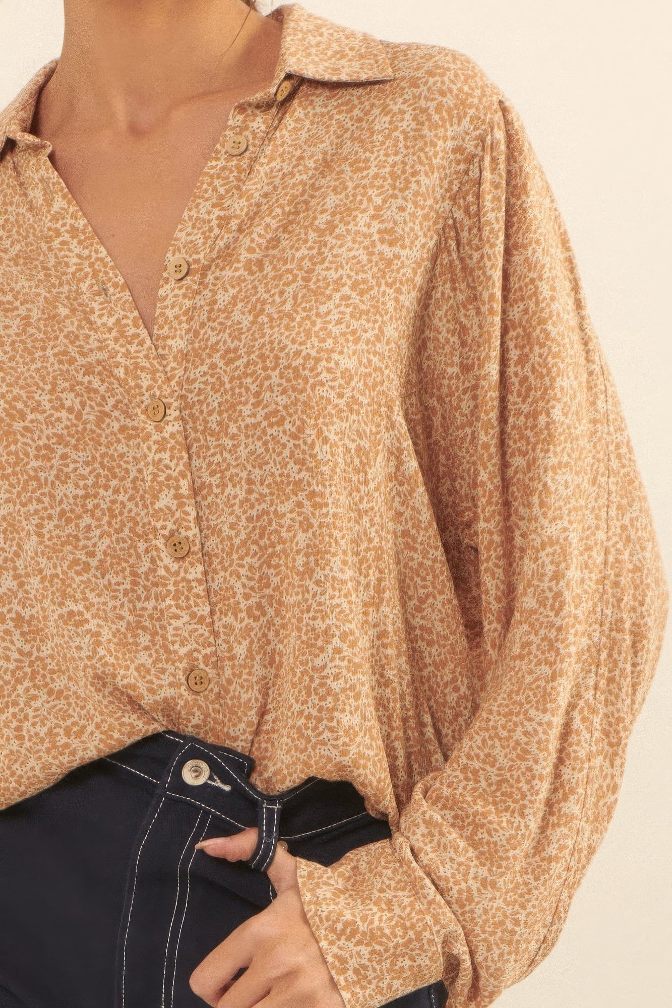 Tan Collared Neckline Floral-print Shirt