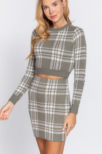 Grey Check Jacquard Sweater Mini Skirt