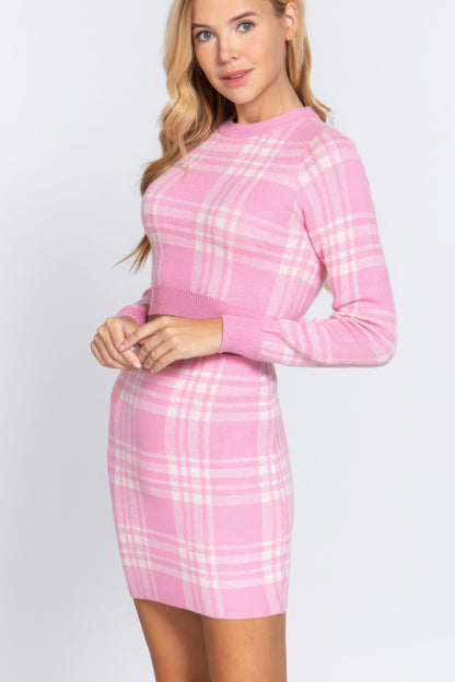 Pink Check Jacquard Sweater Mini Skirt