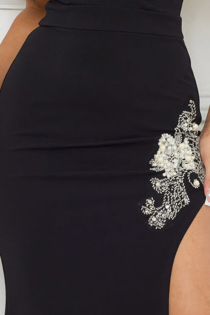 Black Beaded Embroidered Near Slit Detail Maxi Dress