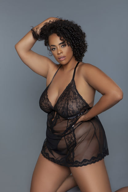 Black 2 Pc Unlined Lace Cups Sheer Mesh And Lace Front