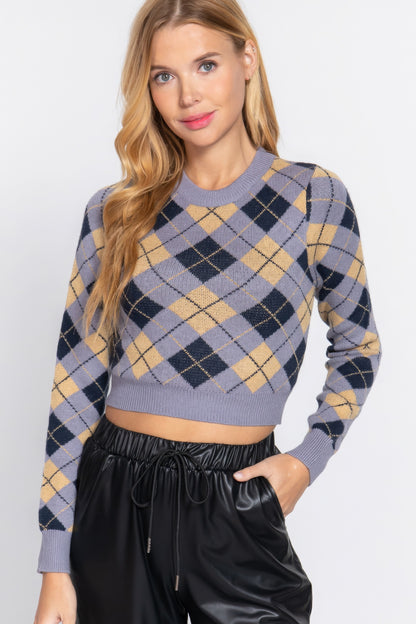 Grey & Black Argyle Jacquard Crop Sweater