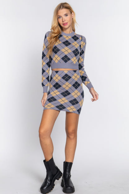 Grey & Black Argyle Jacquard Crop Sweater