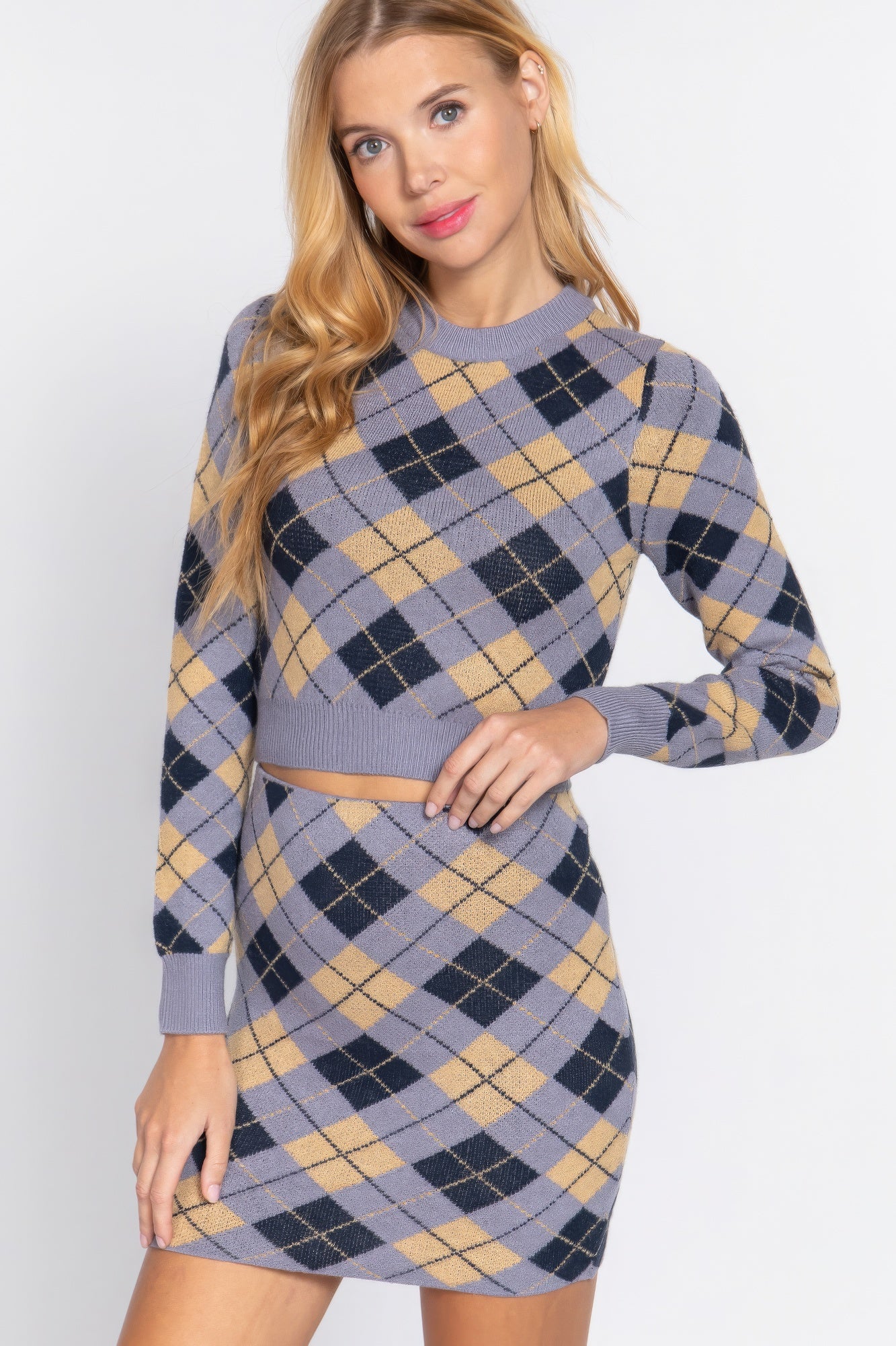 Grey & Black Argyle Jacquard Crop Sweater