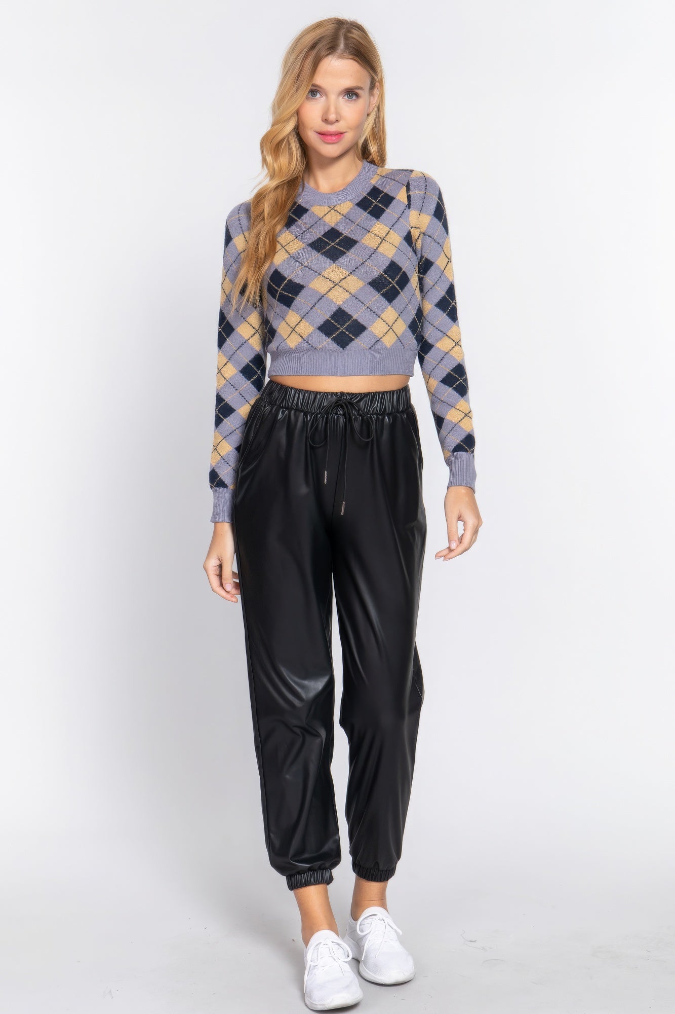 Grey & Black Argyle Jacquard Crop Sweater