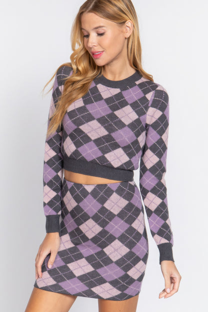 Grey & Black Argyle Jacquard Crop Sweater