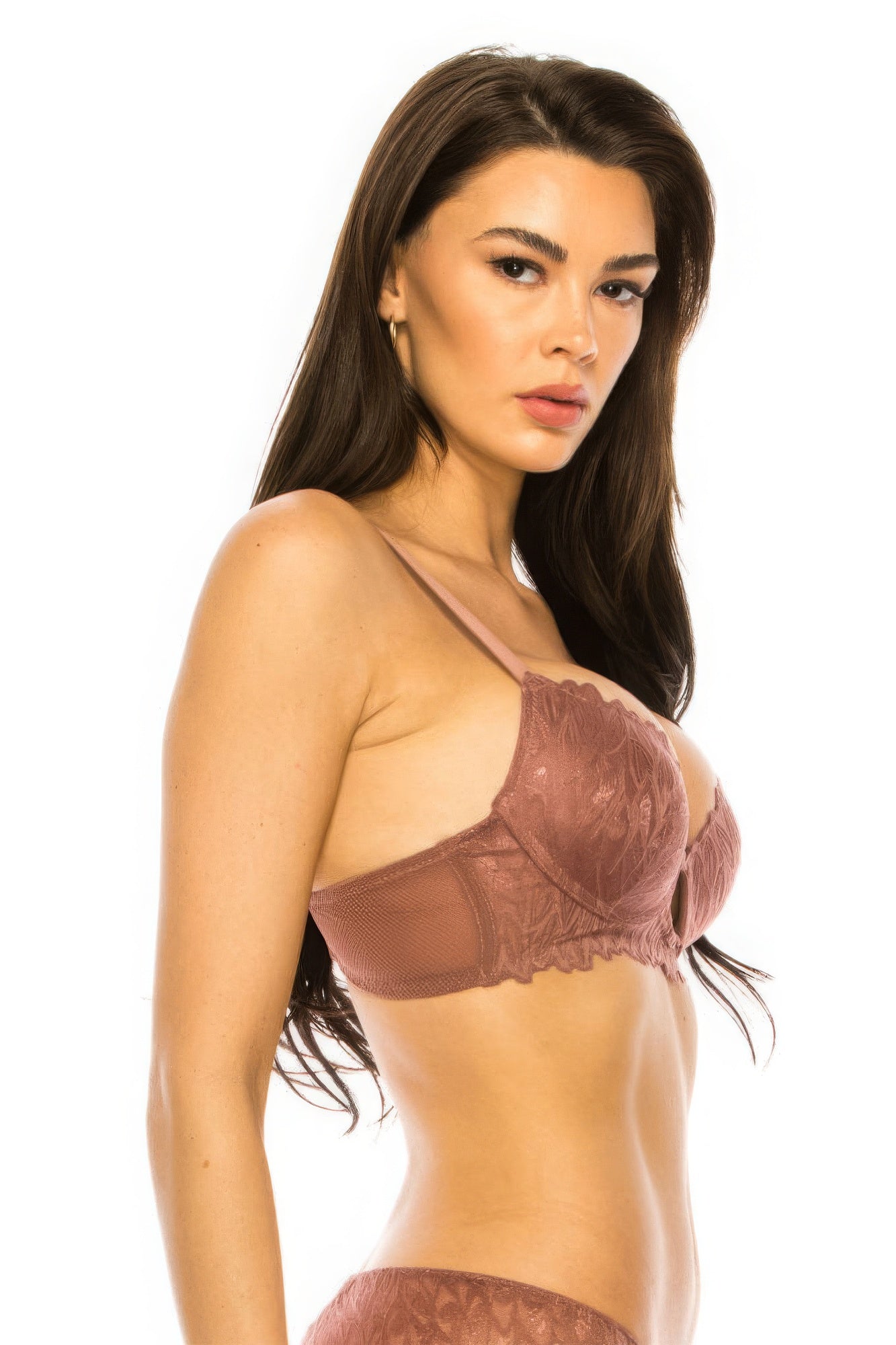 Brown Coverage Lace Trim Bra