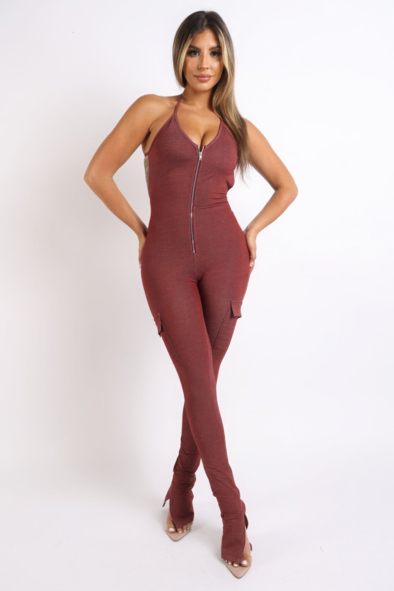 Red Brown Cargo pocket halter jumpsuit